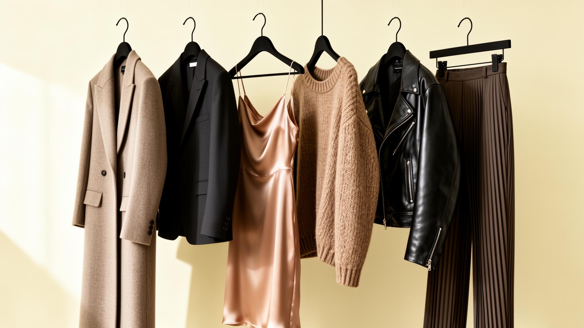 Row of contemporary designer pieces on black hangers