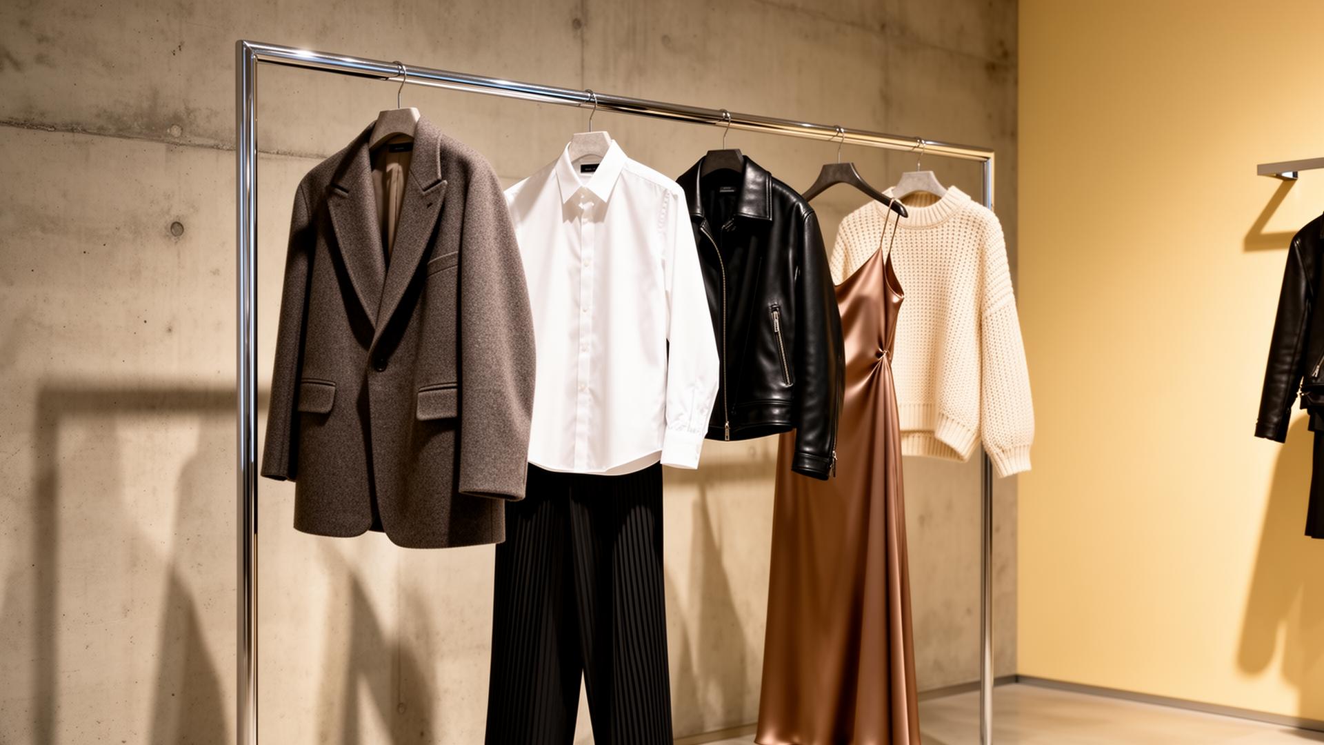 Contemporary designer wardrobe on a chrome rail — wool coat, white shirt, leather jacket, silk slip, knit